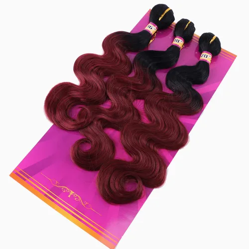 Miniatura 5 de Extensiones de cabello ondulado sintético de color rojo vino 3 paquetes de 16 18 20 pulgadas, color ombre de negro a burdeos, trenza de cabello
