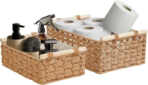DECOMOMO Cesta de almacenamiento de mimbre, cesta trasera del inodoro, organizador de baño, bandeja para tanque de inodoro, encimera, decoración del