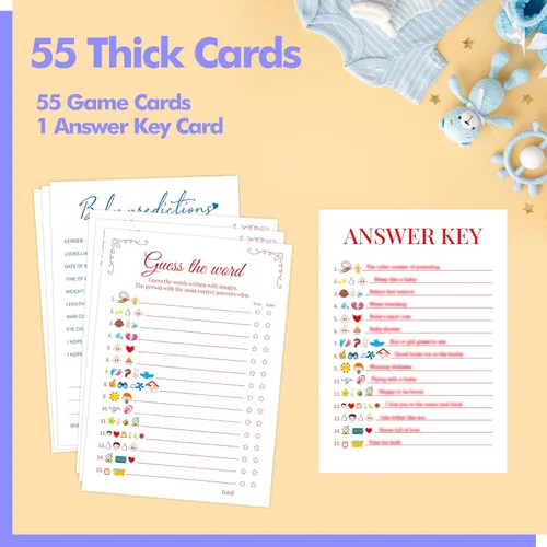 Miniatura 4 de 55 piezas de juegos de baby shower, tarjetas de predicciones y adivina la frase con respuestas incluidas, juegos de baby shower divertidos de género