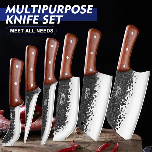 Miniatura 5 de Topfeel Juego de 8 cuchillos de chef para carnicero y pescado, con bolsa enrollable, juego de cuchillos forjados a mano para cortar carne