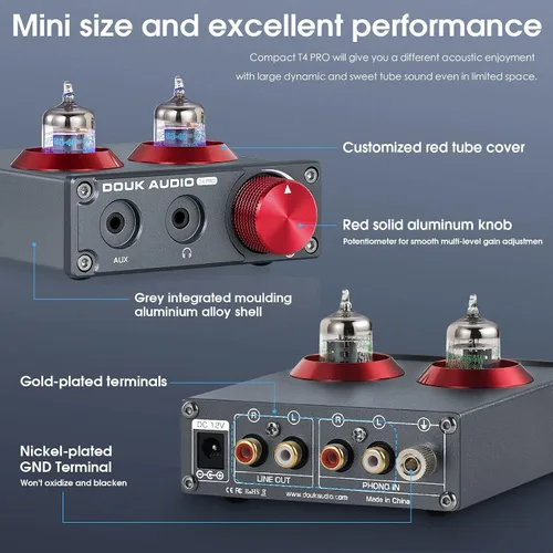 Miniatura 7 de Douk Audio T4 PRO Preamplificador de Fono de Tubo de Vacío, Preamplificador de Tocadiscos MM, GE5654 Amplificador de Auriculares Hi-Fi para Cine