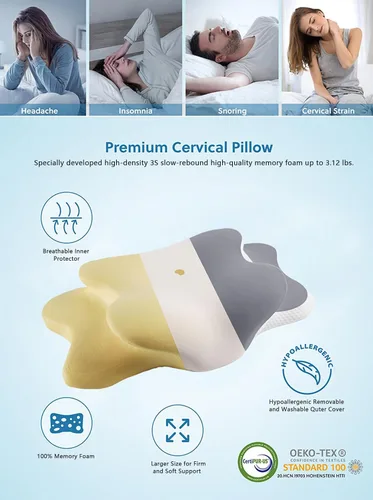 Miniatura 6 de Almohada Ergo para aliviar la apnea del sueño, el dolor de cuello y los ronquidos Almohada cervical para dormir de lado Espuma viscoelástica Gris