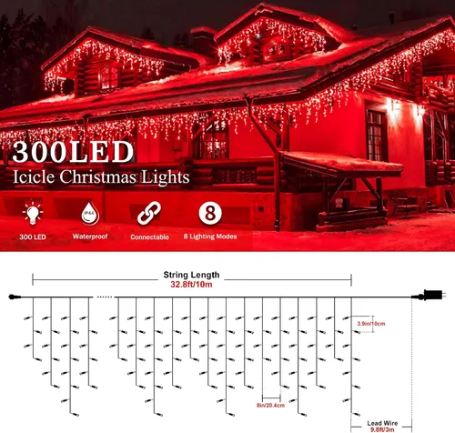 Miniatura 2 de Luces de Navidad para exteriores Luces de Carámbano 300 LED, 33 pies, 8 modos, luces de cadena colgantes de hadas conectables con enchufe de 30 V