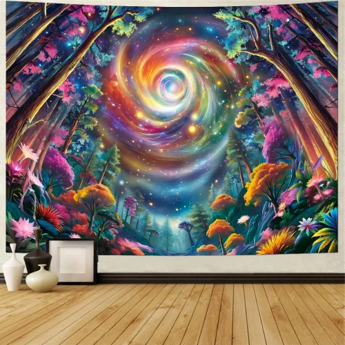 Miniatura 4 de Tushelia Tapiz espacial de galaxia con luz negra, tapiz reactivo a los rayos UV, tapiz de árbol de bosque con plantas florales, tapiz que brilla