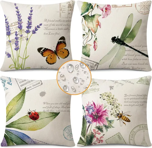 Juego de 4 fundas impermeables para cojín de primavera, uso al aire libre, de 18 x 18 pulgadas, con diseño de mariposa, libélula, mariquita y abeja,