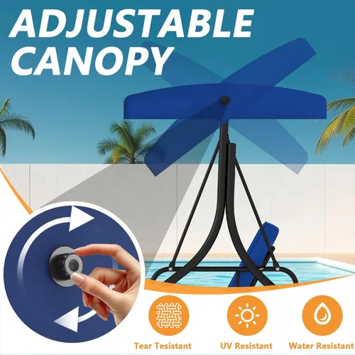 Miniatura 6 de Cama columpio para porche de 3 asientos con toldo ajustable y cojines extraíbles, marco de acero resistente, columpio para patio al aire libre, Azul