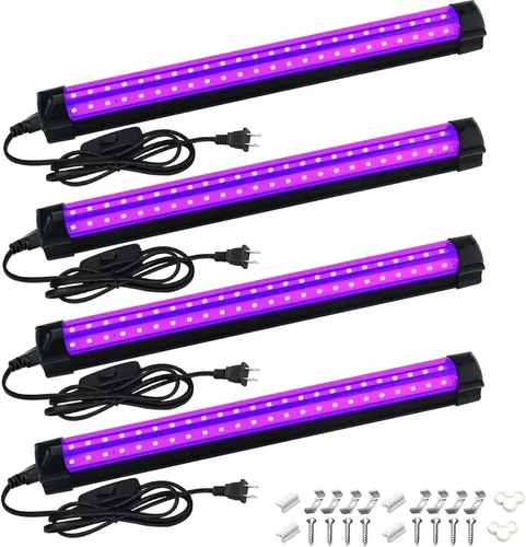 Paquete de 4 Barras de Luz Negra LED de 10W 48 LED de 1 Pie 395-400nm Tubo de Luz Negra UV con Cable de 5.9 Pies+Enchufe+Interruptor Accesorios de