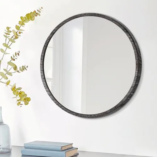 JJUUYOU - Espejo rústico redondo colgante, espejo decorativo pequeño de pared con marco de madera natural estilo granja con borde lavado blanco para