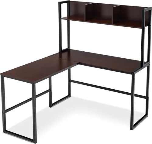 Miniatura 11 de MEDIMALL Escritorio en forma de L con estante de almacenamiento, escritorio esquinero reversible, mesa de juegos con marco de metal resistente