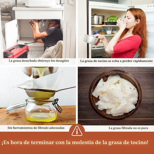 Miniatura 2 de Recipiente para grasa de tocino con colador - Con espátula de silicona de grado alimenticio de 24oz, recipiente rústico de grasa esmaltado