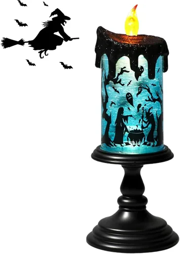 Miniatura 13 de Vela sin llama de Halloween, globo de nieve, funciona con pilas con temporizador de 6 horas, calcomanía de murciélago de luz amarilla, lámpara