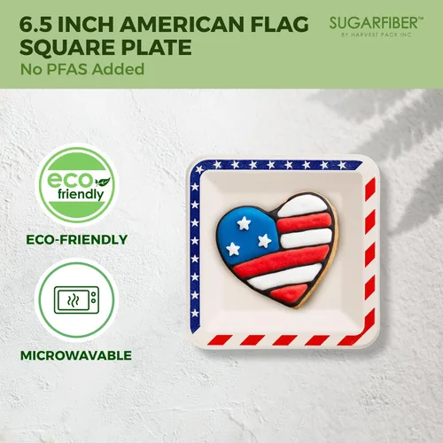 Miniatura 4 de Paquete de cosecha de 6.5 pulgadas, platos cuadrados desechables compostables con bandera americana, sin PFAS, para fiesta patriótica, 4 de julio