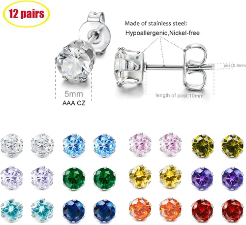 Miniatura 2 de LOYALLOOK 12 pares de aretes de acero inoxidable con circonita cúbica redonda de corte brillante para mujer, Piedra Diamante Circonita cúbica Piedra