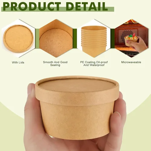 Miniatura 3 de Paquete de 100 recipientes de papel de 4 onzas para sopa con tapas ventiladas, recipientes desechables para alimentos, tazas de helado de estraza