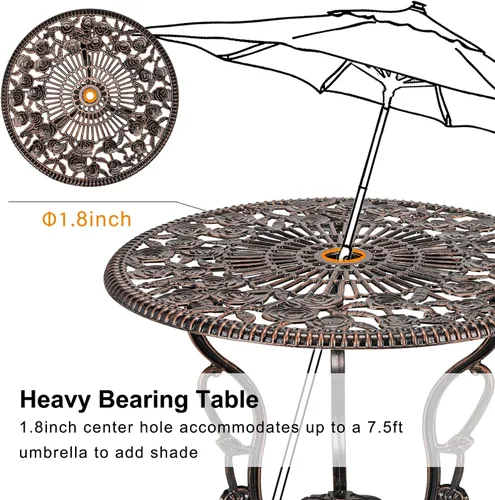 Miniatura 2 de HOMEFUN Juego de 2 mesas y sillas de bistró para exteriores, juego de 3 piezas, diseño de rosa, aluminio fundido para jardín, balcón, resistente a
