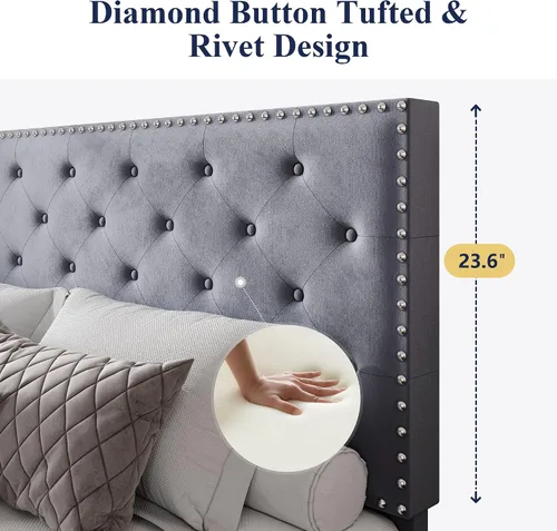 Miniatura 2 de Allewie Base de cama tapizada de terciopelo tamaño King con botón de diamante ajustable y cabecera con ribete de clavos, soporte de listones de Gris