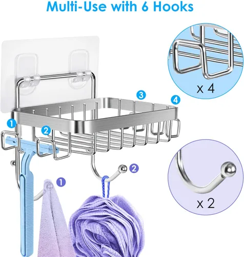 Miniatura 3 de ODesign Soporte para jabonera SUS304 de acero inoxidable con 6 ganchos, esponja de baño de lufa, soporte para maquinilla de afeitar para baño, Plata
