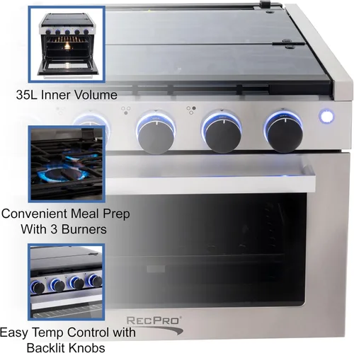 Miniatura 7 de Estufa RecPro RV Negra Rango de gas de 17" de alto Tres quemadores de 6500 y 8000 BTU Horno de 7100 BTU con capacidad de 1.24 pies cúbicos