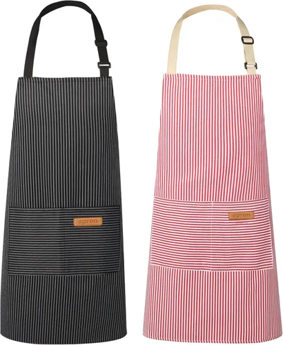 Miniatura 11 de VALOME Paquete de 2 delantales de cocina, delantales para cocinar con 2 bolsillos, correa ajustable unisex para el cuello, delantales de chef