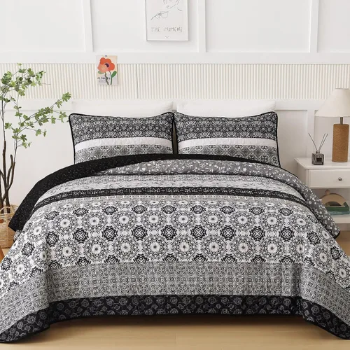 Miniatura 9 de WONGS BEDDING Juego de edredón bohemio tamaño Queen, juego de colcha de retazos a rayas bohemias aguamarina con 2 fundas de almohada, juego de ropa