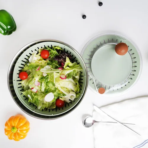 Miniatura 7 de Centrífuga de ensalada de acero inoxidable, spinner de lechuga de 5.3 Qt con base antideslizante, botón de drenaje y parada, spinner para lavar