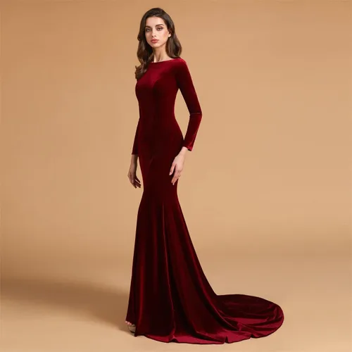 Miniatura 3 de Joya Cuello Terciopelo Manga Larga Vestidos de baile de Noche Vestidos de Fiesta de Tren Corte de Sirena Vestidos de Fiesta Formal Cremallera Atrás