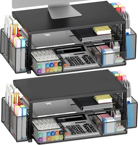 Miniatura 15 de OPNICE Soporte elevador de monitor doble con cajón y 2 soportes para bolígrafos, organizador de escritorio para suministros de oficina, soporte