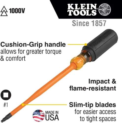 Miniatura 2 de Klein Tools 6984INS - Destornillador aislante, fabricado en Estados Unidos, destornillador con punta de perfil delgada de 1000 V, cuadrado #1
