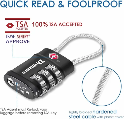 Miniatura 2 de Paquete de 2 cerraduras de equipaje aprobadas por la TSA, cerradura de cable de viaje combinada, candado impermeable de 3 dígitos, cerradura