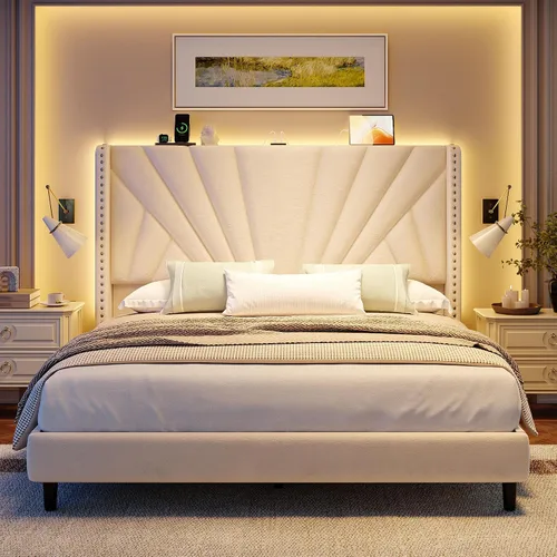 Miniatura 9 de EnHomee Marco de Cama Queen con Cabecera Alta de 51" Wingback, Cama Plataforma Tapizada en Terciopelo con Estación de Carga y Luces LED, No Necesita