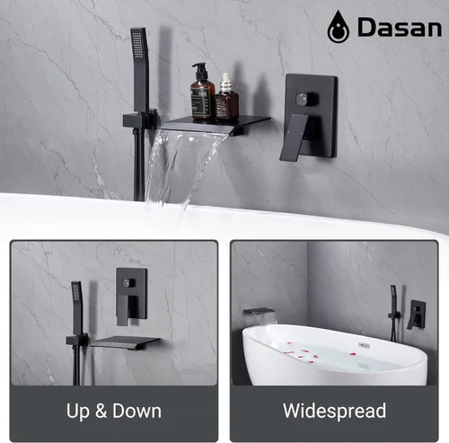 Miniatura 3 de DASAN - Grifo de llenado de bañera de montaje en pared mejorado con ducha de mano, grifo de bañera moderno montado en la pared negro mate de alto