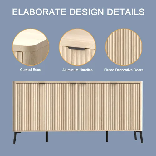 Miniatura 6 de Armario buffet, aparador grande de 63 pulgadas con almacenamiento, aparador moderno acanalado con 4 puertas, gabinete de almacenamiento de madera