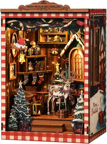 Kits de rincón de libros de Navidad para adultos, rompecabezas de madera 3D, kit de casa en miniatura para decoración de estantería con luces LED,