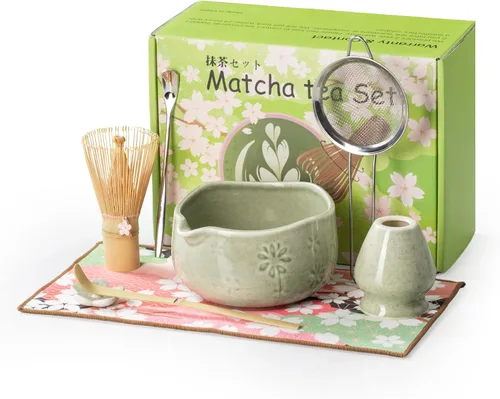 Juego de batidor de matcha, kit de 8 piezas que incluye tazón, batidor de bambú y soporte, cuchara de bambú, colador de té, toalla de té, agitador