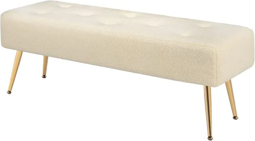 Furniliving Banco otomano moderno de 44 pulgadas, bancos de entrada tapizados de tela de piel sintética con marco de metal dorado para sala de