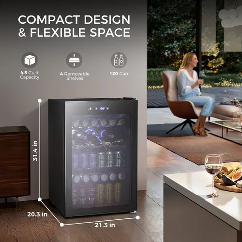 Miniatura 2 de Kismile Refrigerador y enfriador de bebidas de 4.5 pies cúbicos, mini puerta de vidrio para 145 latas, pantalla digital de temperatura
