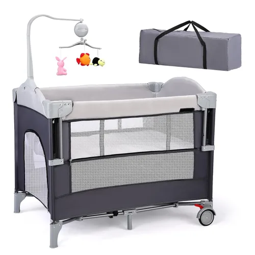 Miniatura 10 de JOYMOR Paquete y juego 4 en 1, cuna de cabecera para bebé, parque infantil resistente con colchón acolchado y barra de música con animales suaves