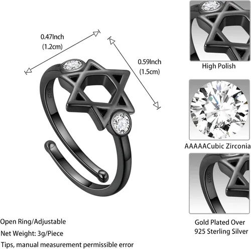 Miniatura 68 de Jewmon Anillo de plata de ley con estrella de David para mujer – Anillo ajustable Magen David – Amuleto Wicca – Regalos judíos