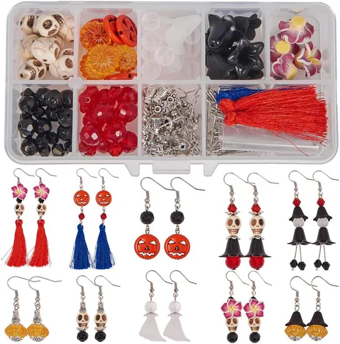 Miniatura 8 de SUNNYCLUE 1 caja de bricolaje para hacer 10 pares de aretes colgantes con temática de Halloween, kits de fabricación de joyas, calavera, calabaza