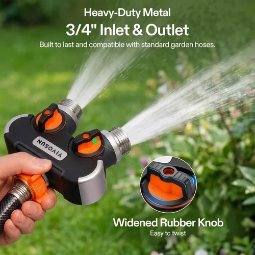 Miniatura 4 de VIVOSUN Divisor de manguera de jardín de 2 vías resistente, conector de manguera de agua de doble vía mejorado altamente duradero, adaptador