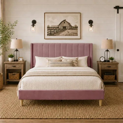 Miniatura 20 de Upholstered Bed Frame with Wingback Headboard and Wood Slats (Beige-Linen, Twin)