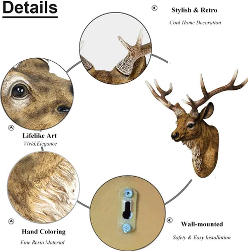 Miniatura 2 de RTGGSEL Adorno de pared retro de ciervo sintético para montaje en pared, diseño de taxidermia de resina, adorno de cabeza de animal falsa
