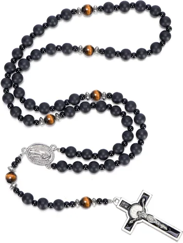 Rosario de cuentas católicas hechas a mano de 0.315 pulgadas para hombre, collar de rosario negro grande con medalla milagrosa, rosarios, regalos