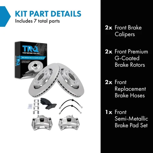 Miniatura 2 de TRQ Kit de pastillas de freno delantero y rotor, pinza de freno, manguera de freno, rotor de freno, semimetálico, revestimiento G, compatible