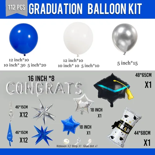 Miniatura 5 de Kit de arco de globos de graduación 2026, decoraciones de fiesta azul real y plateado: diploma de aluminio, letras de felicitación, globos de Azul
