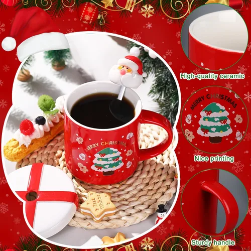 Miniatura 4 de Tazas de Navidad de Suttmin con tapa y cuchara, tazas de café de Navidad de porcelana, lindas tazas de té de Santa de cerámica con caja de regalo
