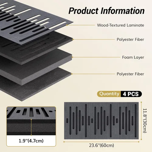 Miniatura 2 de TONOR Paquete de 4 paneles de pared de madera acústica, panel de pared autoadhesivo 3D de 23.6 x 11.8 x 1.9 pulgadas, azulejos insonorizados de tres
