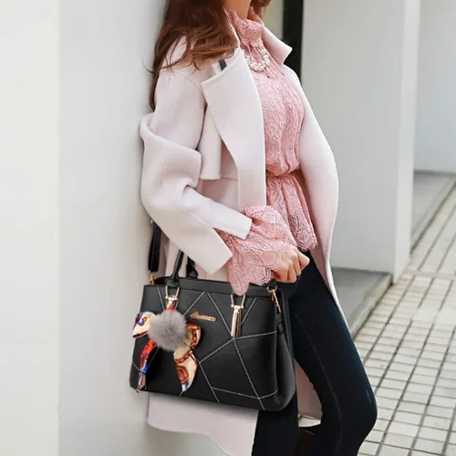 Miniatura 2 de Bolsos de cuero para mujer, bolso de hombro con asa superior, con pompón y lazo