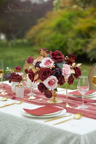 Miniatura 4 de Serwalin Flores Artificiales Burdeos, Flores Falsas de Seda Burdeos y Rosa para Decoración de Boda DIY, Flores Rojo Profundo para Pastel Ramo