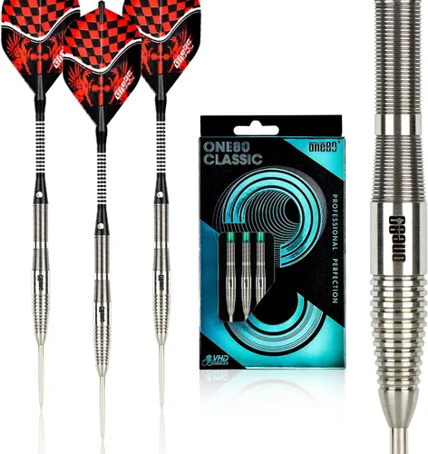 Miniatura 16 de ONE80 - Dardo de punta de acero profesional de tungsteno 90% VHD, estilo barril con vuelos extra, ejes y sacapuntas, caja de regalo con empaque